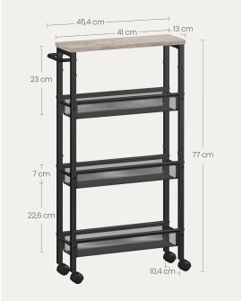 VASAGLE Desserte 4 Niveaux, Étagère de Cuisine Fin avec roulettes, Cadre en Acier, Poignée, Petit Espace, 13 x 45,4 x 77 cm,