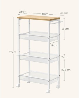 VASAGLE Desserte 4 Niveaux, Étagère de Cuisine Fin avec roulettes, Cadre en Acier, Poignée, Petit Espace, 13 x 45,4 x 77 cm,