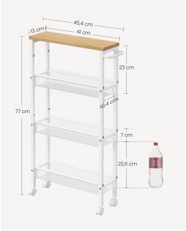 VASAGLE Desserte 4 Niveaux, Étagère de Cuisine Fin avec roulettes, Cadre en Acier, Poignée, Petit Espace, 13 x 45,4 x 77 cm,
