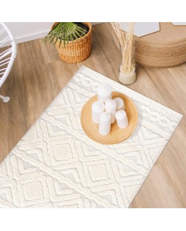 payé Tapis de couloir, 80 x 150 cm, à poils longs, bohème, crème, pastel, uni, motif moderne en losanges, scandinave, moelleux,