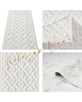 payé Tapis de couloir, 80 x 150 cm, à poils longs, bohème, crème, pastel, uni, motif moderne en losanges, scandinave, moelleux,