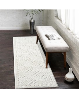 payé Tapis de couloir, 80 x 150 cm, à poils longs, bohème, crème, pastel, uni, motif moderne en losanges, scandinave, moelleux,