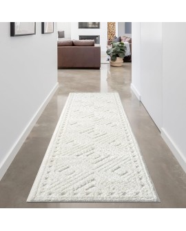 payé Tapis de couloir, 80 x 150 cm, à poils longs, bohème, crème, pastel, uni, motif moderne en losanges, scandinave, moelleux,