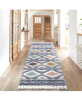 payé Tapis de couloir, 80 x 150 cm, à poils longs, bohème, crème, pastel, uni, motif moderne en losanges, scandinave, moelleux,