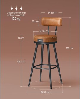 VASAGLE EKHO Collection - Tabouret de Bar, Lot de 2, Chaise de Cuisine, Siège Rembourré, PU avec Coutures, Style Moderne