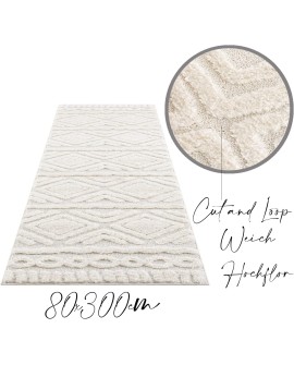 payé Tapis de couloir, 80 x 150 cm, à poils longs, bohème, crème, pastel, uni, motif moderne en losanges, scandinave, moelleux,