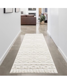 payé Tapis de couloir, 80 x 150 cm, à poils longs, bohème, crème, pastel, uni, motif moderne en losanges, scandinave, moelleux,