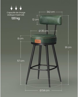 VASAGLE EKHO Collection - Tabouret de Bar, Lot de 2, Chaise de Cuisine, Siège Rembourré, PU avec Coutures, Style Moderne