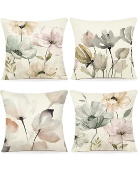 ZWJD Lot de 4 Housse Coussin 50x50 Florale Peinture à l'aquarelle Housses de Coussin Décoratives en Coton Lin Taie Oreiller de