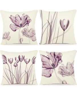 ZWJD Lot de 4 Housse Coussin 50x50 Florale Peinture à l'aquarelle Housses de Coussin Décoratives en Coton Lin Taie Oreiller de