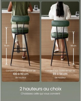 VASAGLE EKHO Collection - Tabouret de Bar, Lot de 2, Chaise de Cuisine, Siège Rembourré, PU avec Coutures, Style Moderne