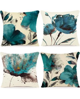 ZWJD Lot de 4 Housse Coussin 50x50 Florale Peinture à l'aquarelle Housses de Coussin Décoratives en Coton Lin Taie Oreiller de