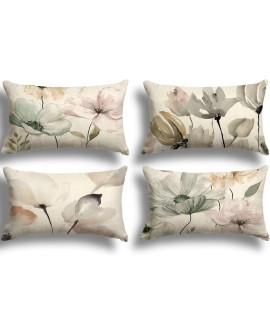 ZWJD Lot de 4 Housse Coussin 50x50 Florale Peinture à l'aquarelle Housses de Coussin Décoratives en Coton Lin Taie Oreiller de