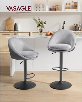 VASAGLE Tabouret de Bar, Lot de 2, Chaise de Cuisine, Réglable en Hauteur, Pivotant à 360°, avec Dossier, Socle, Repose-Pieds,