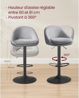 VASAGLE Tabouret de Bar, Lot de 2, Chaise de Cuisine, Réglable en Hauteur, Pivotant à 360°, avec Dossier, Socle, Repose-Pieds,