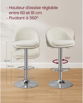 VASAGLE Tabouret de Bar, Lot de 2, Chaise de Cuisine, Réglable en Hauteur, Pivotant à 360°, avec Dossier, Socle, Repose-Pieds,