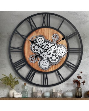 Lafocuse Horloge Murale Engrenages Mobiles Geante 57 cm Noire Industrielle Bois Vintage Pendule Murale Steampunk Chiffres