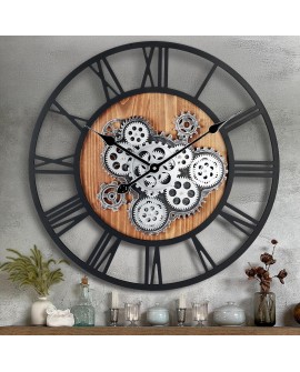 Lafocuse Horloge Murale Engrenages Mobiles Geante 57 cm Noire Industrielle Bois Vintage Pendule Murale Steampunk Chiffres