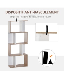 HOMCOM Bibliothèque étagère Meuble de Rangement Design Contemporain en S 5 étagères 60L x 24l x 185H cm Coloris chêne Blanc