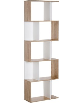 HOMCOM Bibliothèque étagère Meuble de Rangement Design Contemporain en S 5 étagères 60L x 24l x 185H cm Coloris chêne Blanc
