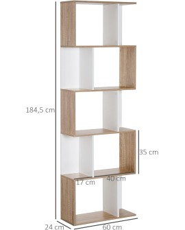 HOMCOM Bibliothèque étagère Meuble de Rangement Design Contemporain en S 5 étagères 60L x 24l x 185H cm Coloris chêne Blanc
