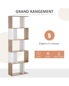 HOMCOM Bibliothèque étagère Meuble de Rangement Design Contemporain en S 5 étagères 60L x 24l x 185H cm Coloris chêne Blanc