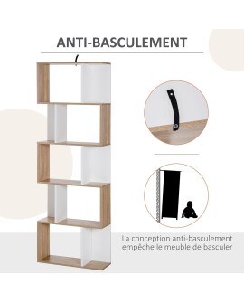 HOMCOM Bibliothèque étagère Meuble de Rangement Design Contemporain en S 5 étagères 60L x 24l x 185H cm Coloris chêne Blanc