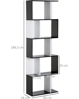 HOMCOM Bibliothèque étagère Meuble de Rangement Design Contemporain en S 5 étagères 60L x 24l x 185H cm Coloris chêne Blanc